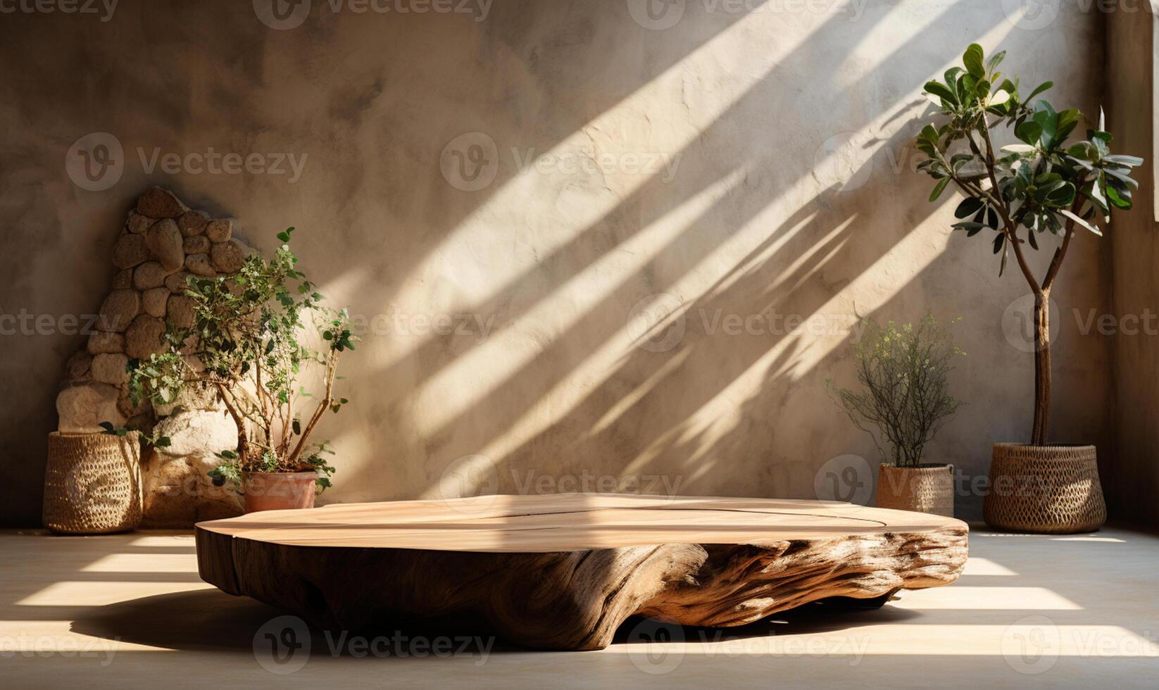 natuurlijk log hout podium tafel in zonlicht ai gegenereerd foto