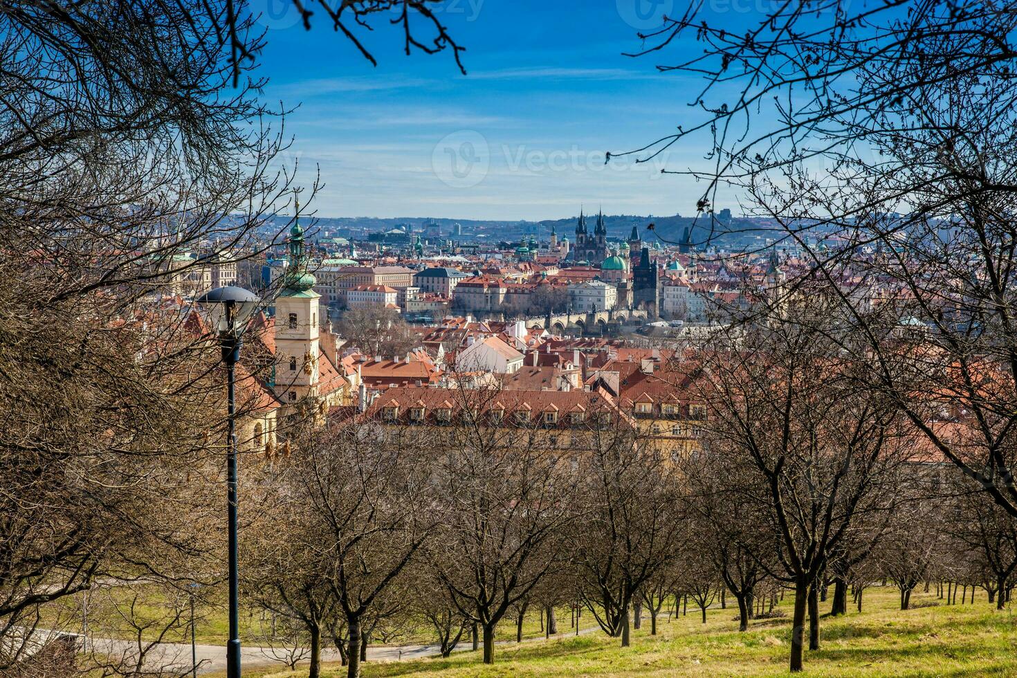 Praag stad gezien van de petrin tuinen Aan een zonnig dag Bij de begin van voorjaar foto