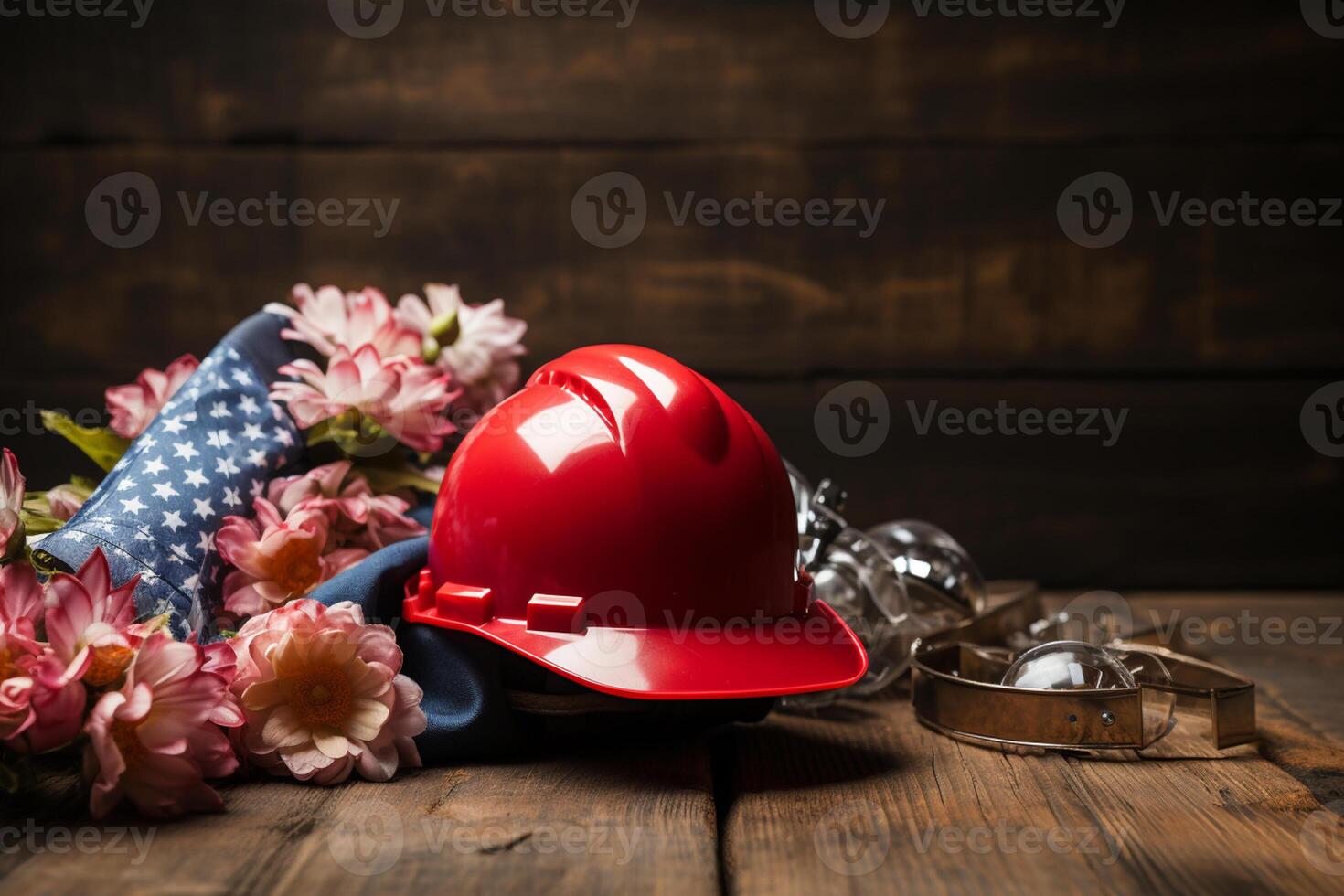 helm, bril en een boeket van bloemen Aan een houten achtergrond arbeid dag concept ai generatief foto