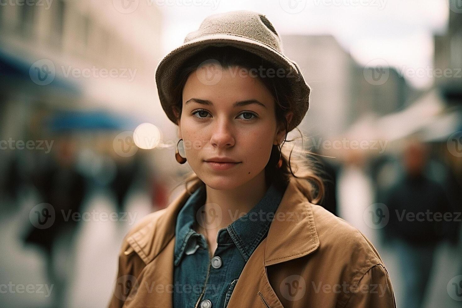 ai generatief portret van een jong mooi meisje in een hoed Aan de straat foto