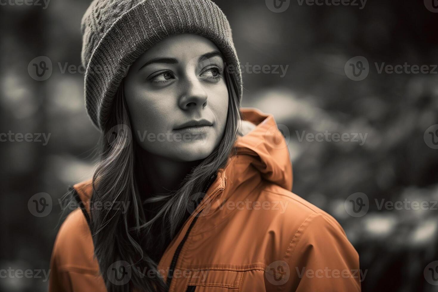 ai generatief portret van een mooi jong vrouw in een oranje trui. zwart en wit foto