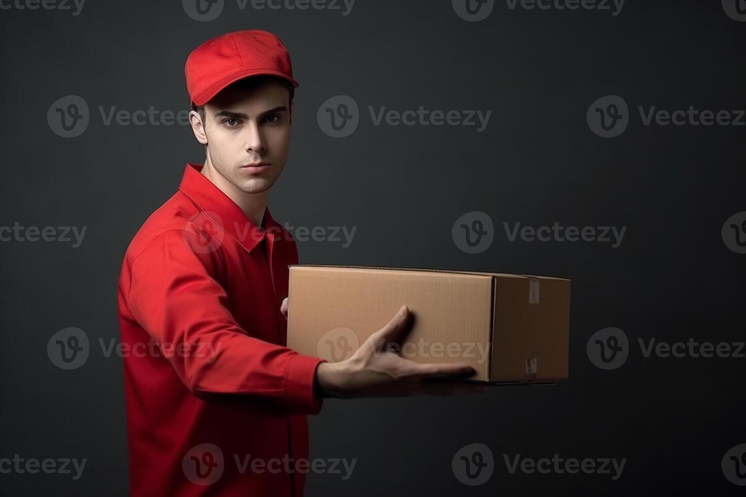 ai generatief levering Mens in rood uniform Holding karton dozen Aan donker achtergrond foto