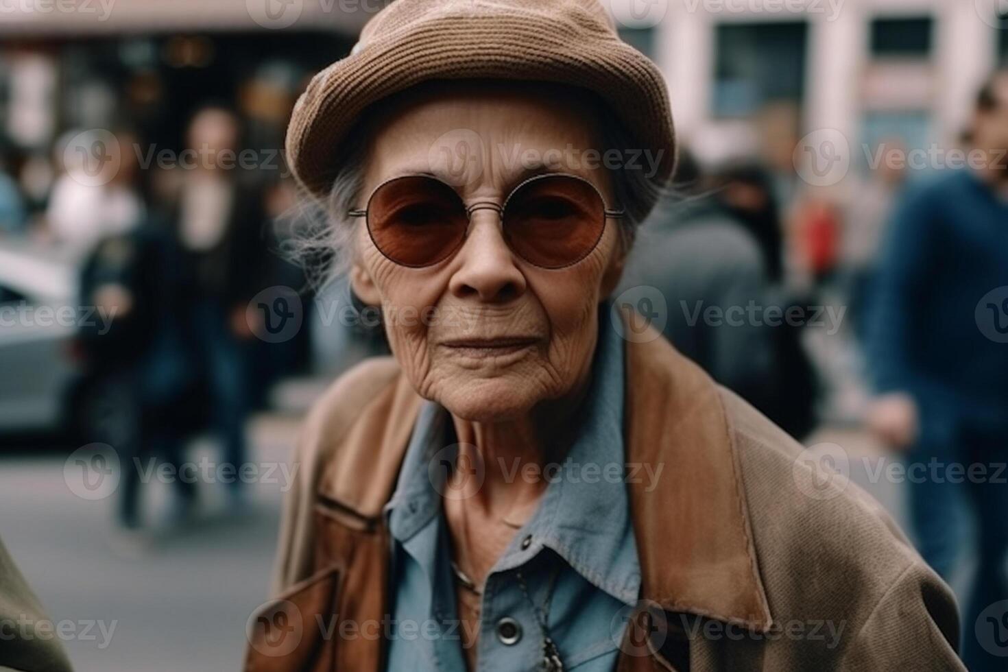 ai generatief portret van een ouderen vrouw in een hoed en bril Aan de straat foto