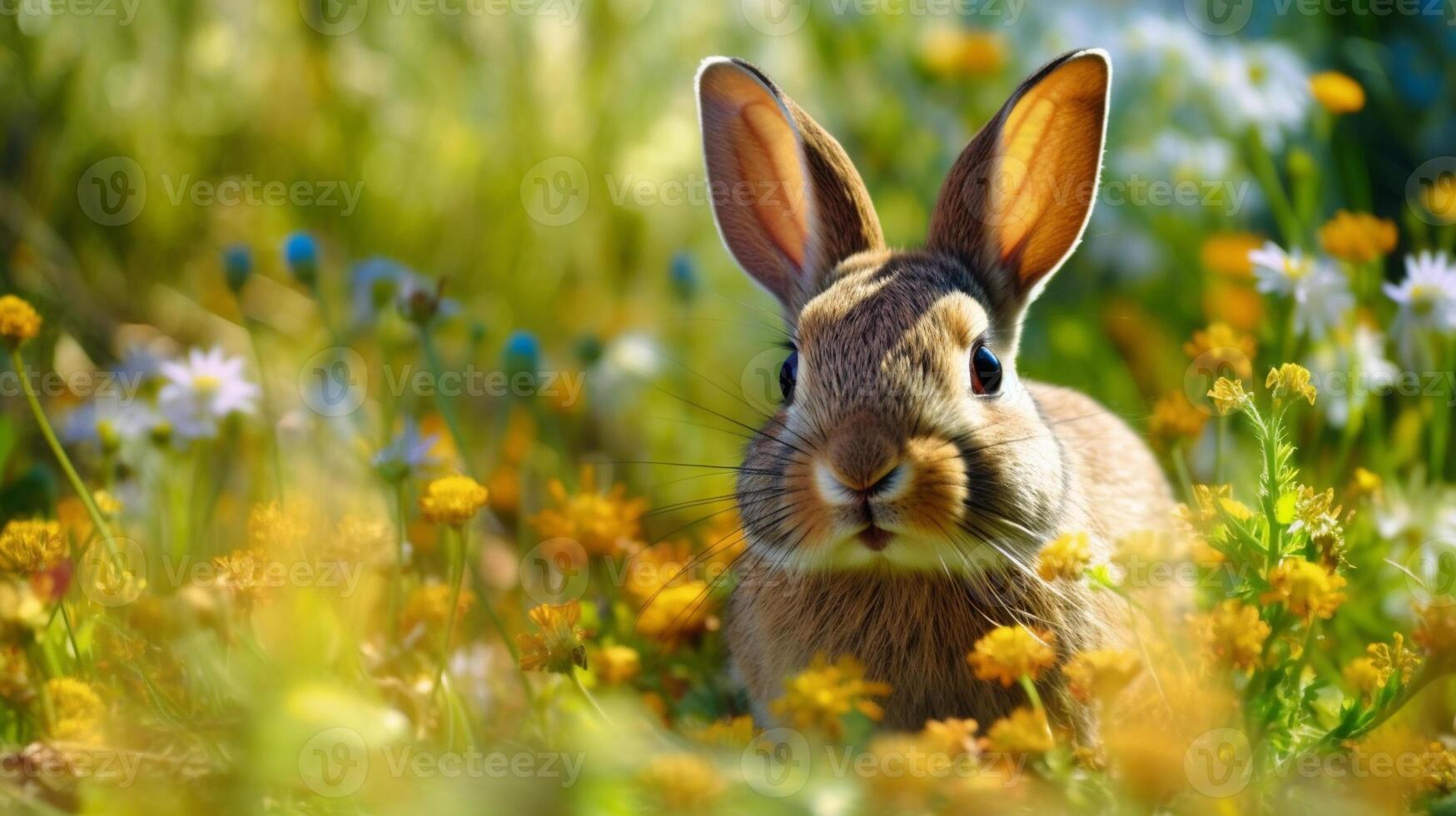 ai generatief konijn in de weide met geel bloemen. Pasen achtergrond. foto