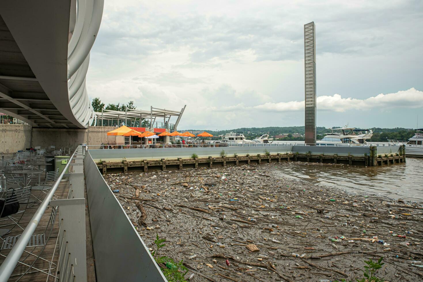 plastic afval, solide afval, hout chips in de rivier, kanaal, lagune langs de kust, langs de bank. foto