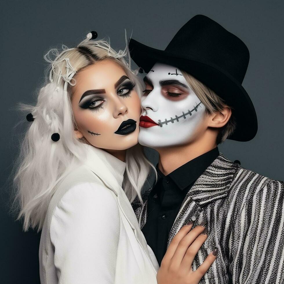 een gen z paar in halloween outfits. ai gegenereerd foto