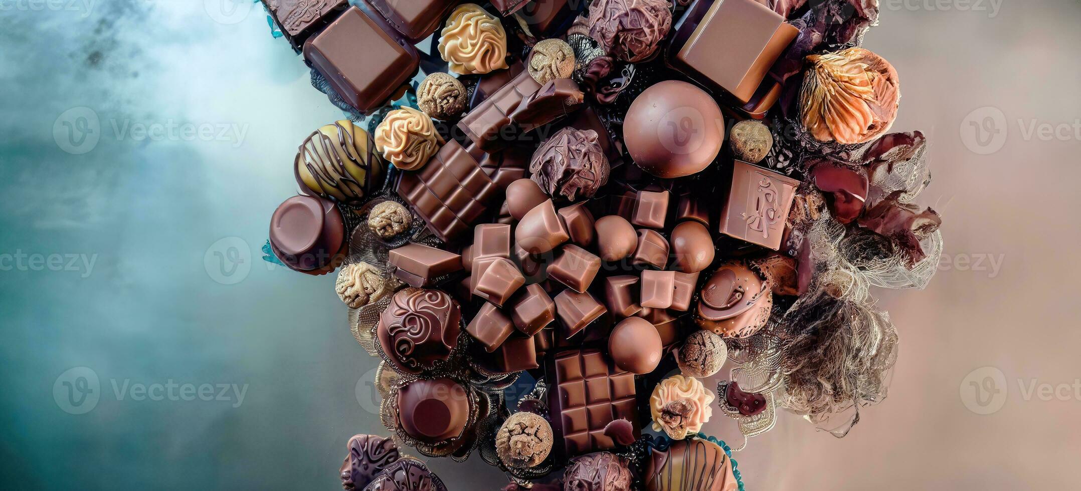 ai gegenereerd, generatief ai, top visie divers soort van chocola cacao snoepjes gemengd smaak luxe glas bord, kristal dienblad, in luxe achtergrond met kopiëren ruimte, wereld chocola dag concept foto