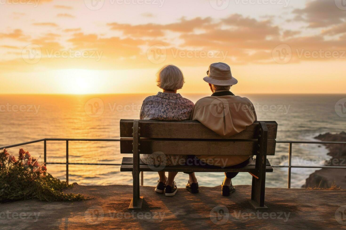 senior paar zonsondergang bank. genereren ai foto