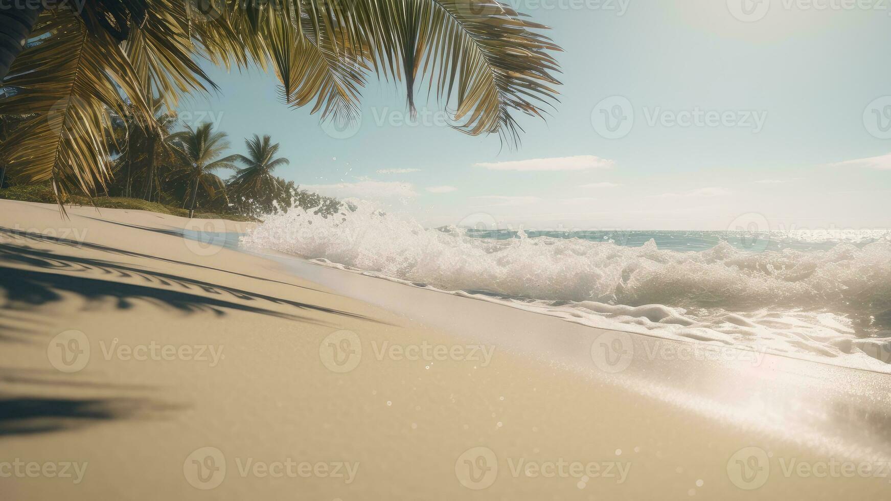 een strand Aan de kust met palm bomen. generatief ai technologie. foto