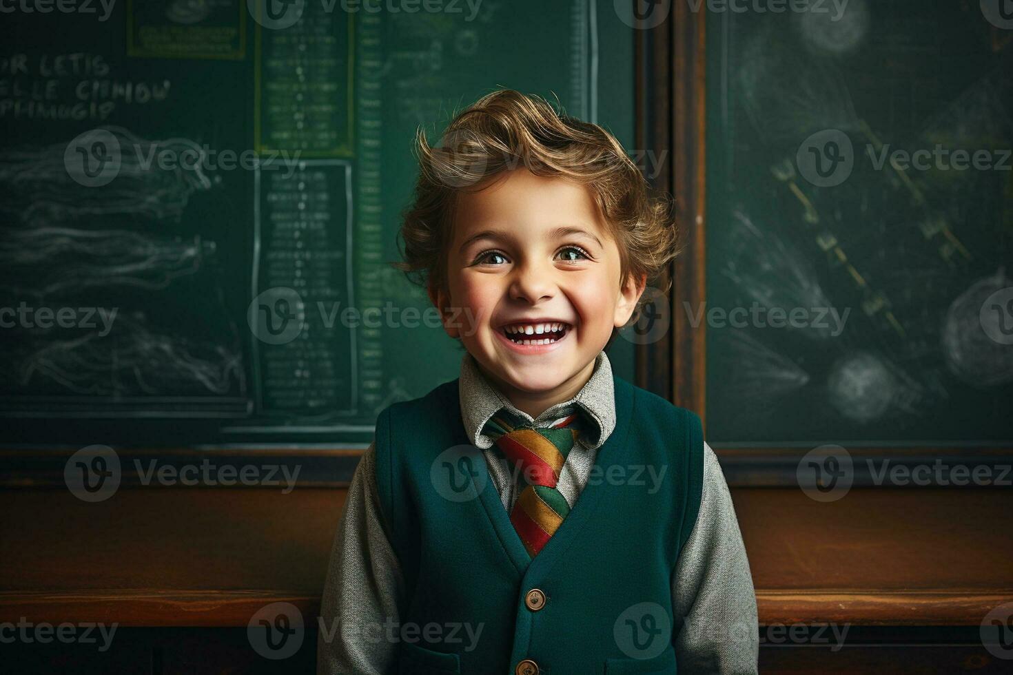 ai generatief een jong jongen poseren in voorkant van schoolbord met terug naar school- concept foto