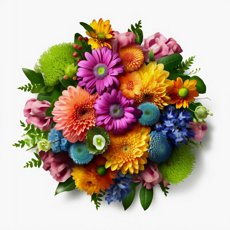 een top visie van een boeket van divers kleurrijk bloemen. geïsoleerd wit achtergrond. ai gegenereerd. foto