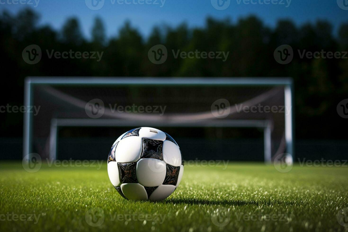 ai generatief voetbal bal Aan de groen gras en doel netto in Amerikaans voetbal stadion foto