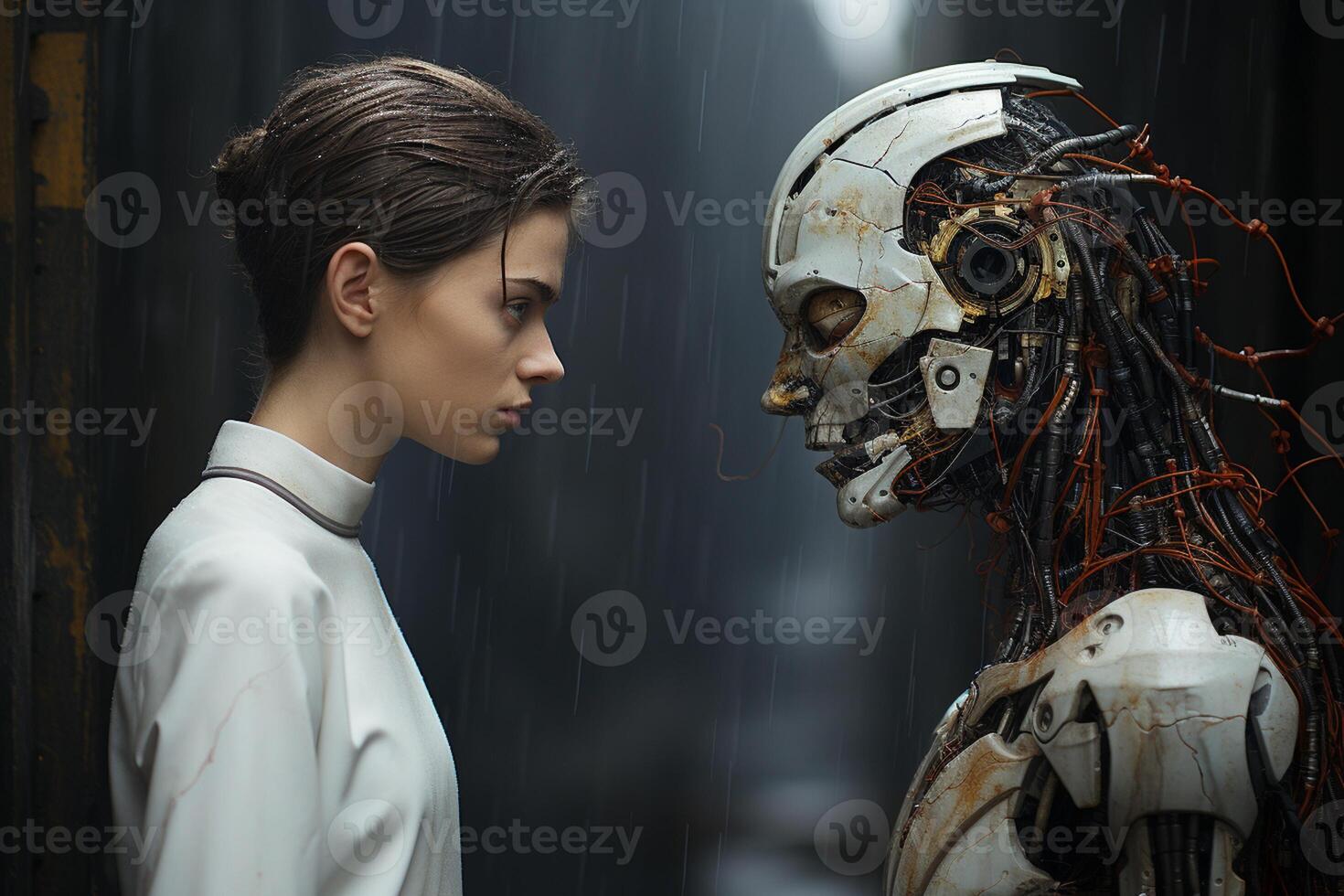 ai generatief menselijk en robot cyborg tegen van elk andere , kunstmatig intelligentie- concept foto