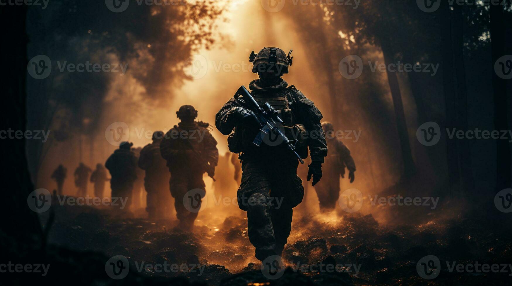 ai generatief soldaten met geweren oprukkende door met rook gevuld slagveld foto