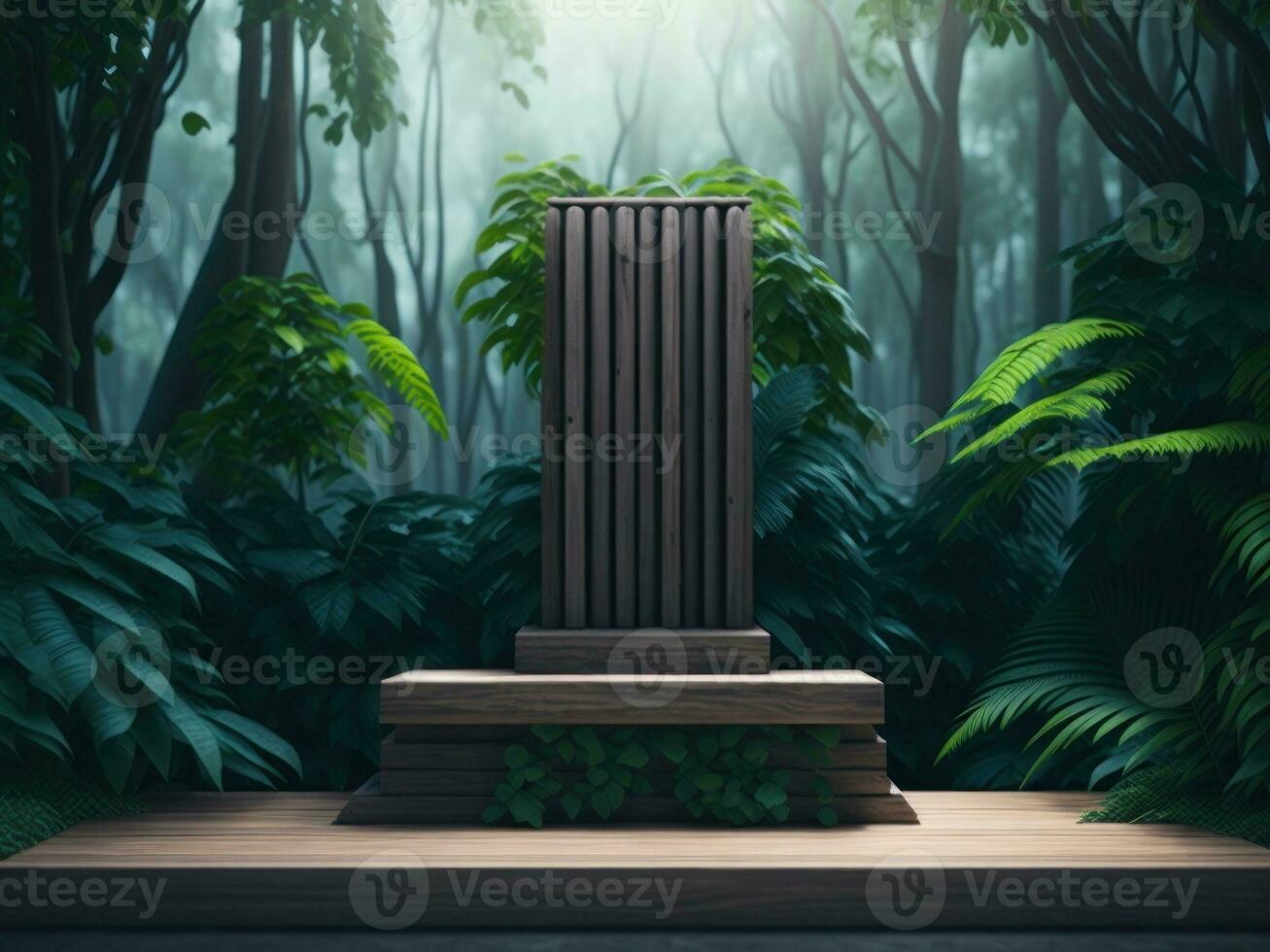3d geven houten podium mockup in tropisch Woud voor Product presentatie en groen achtergrond.generatief ai foto