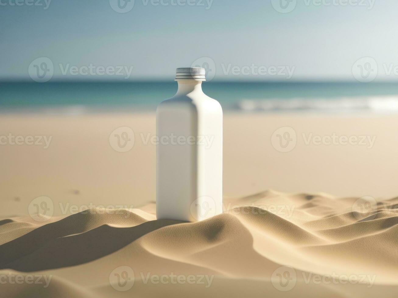 blanco leeg plein drinken fles mockup in zand strand voor Product presentatie en strand achtergrond.generatief ai foto