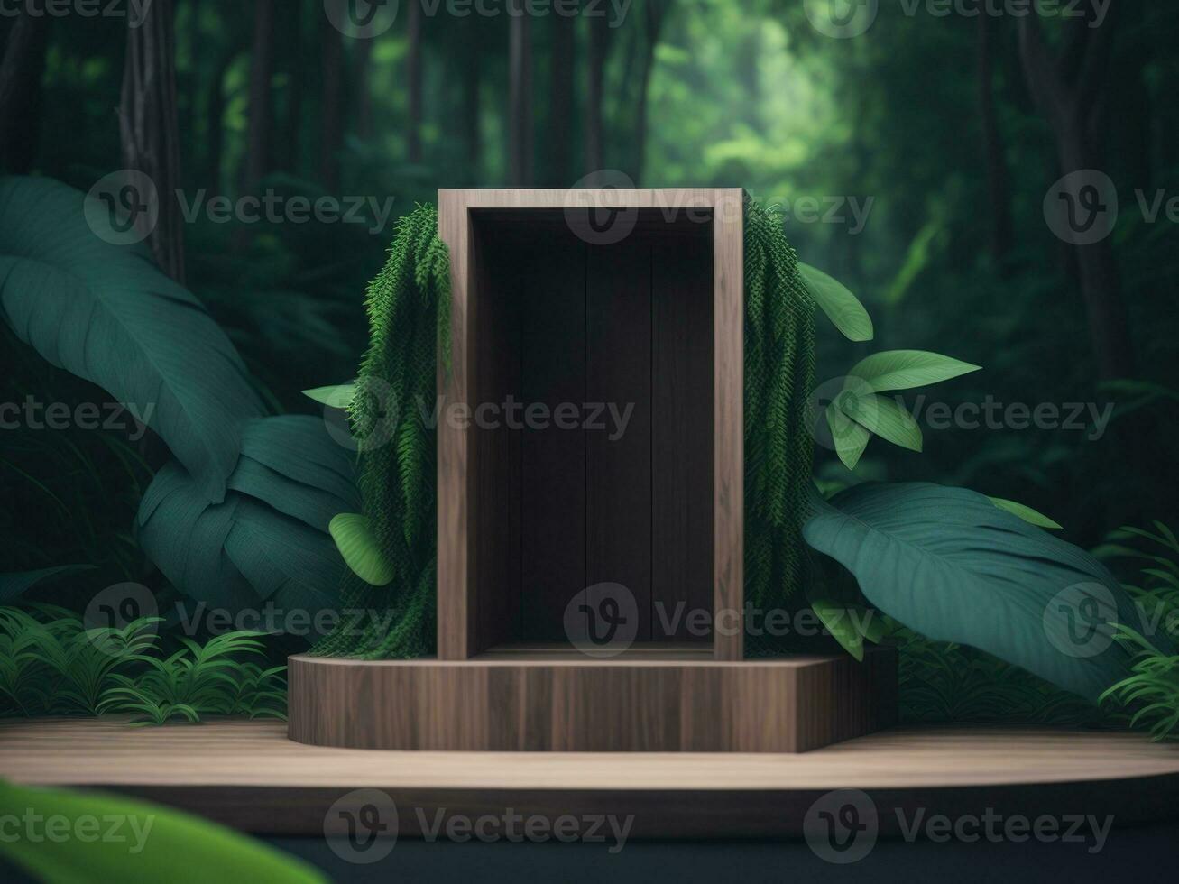 3d geven houten podium mockup in tropisch Woud voor Product presentatie en groen achtergrond.generatief ai foto