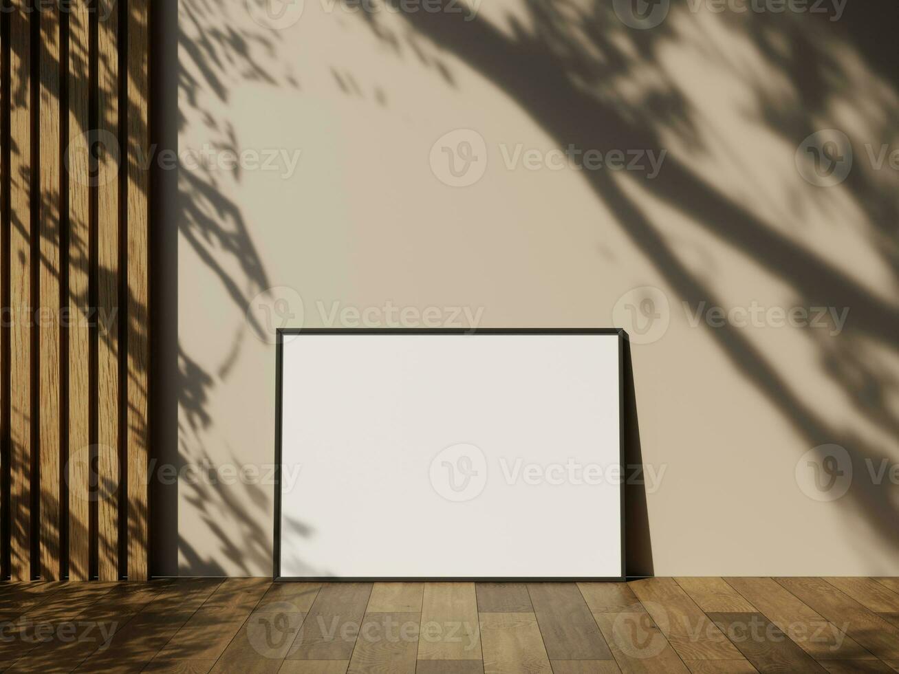 kader mockup Aan houten verdieping met wit muur en bladeren schaduw foto
