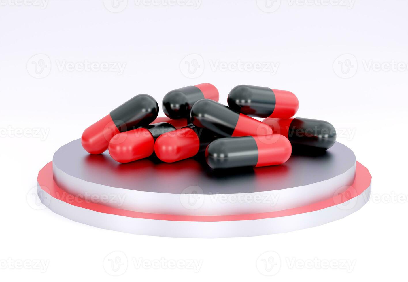 zwart en rood geneeskunde pillen. pil tablet capsule Aan metalen podium. 3d weergave. gevaarlijk apotheek concept. verdovende middelen bewustzijn. foto