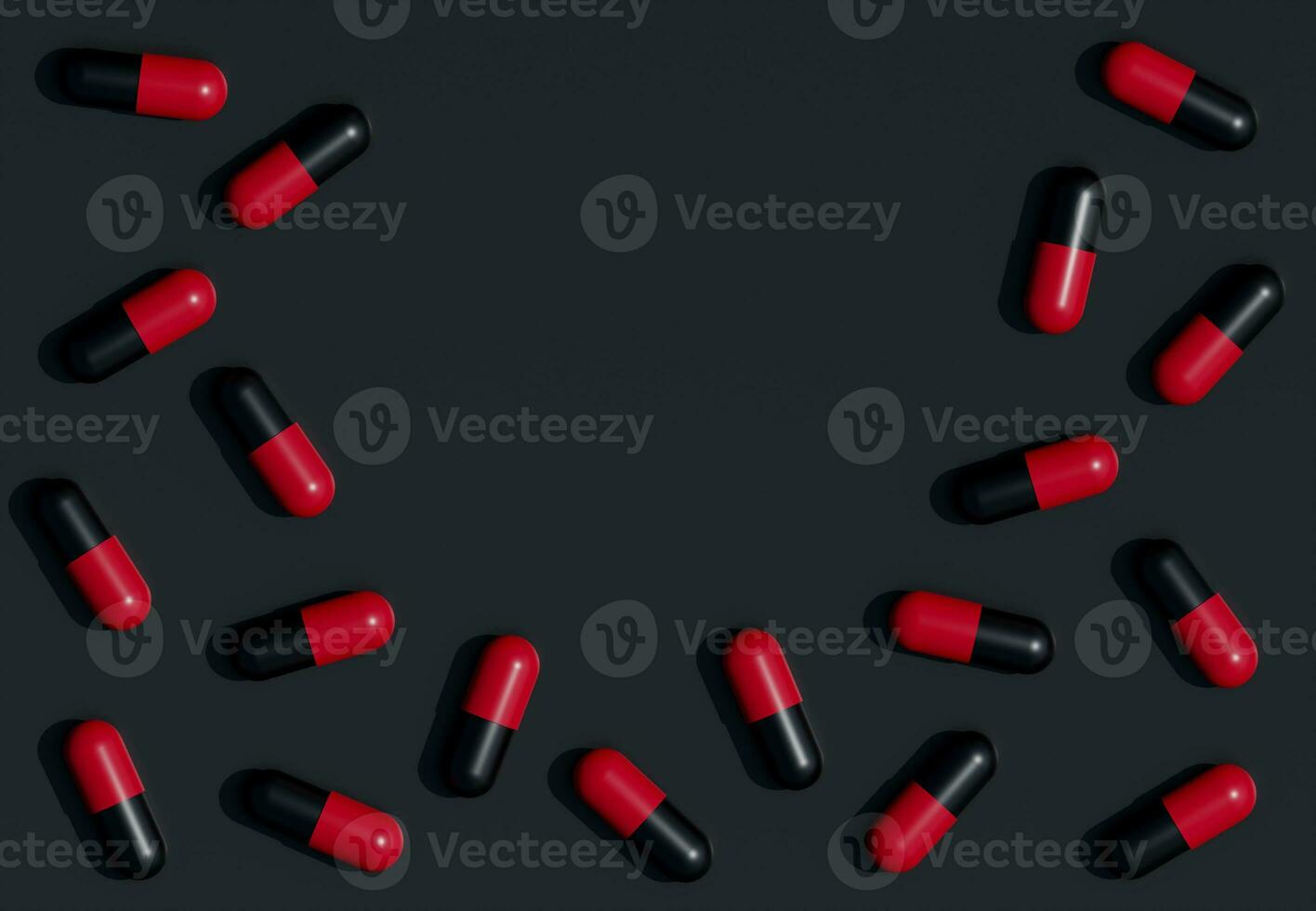 zwart en rood tablet pillen Aan zwart achtergrond. 3d weergave. medisch schadelijk concept. gevaarlijk drugs. leeg ruimte voor tekst. foto
