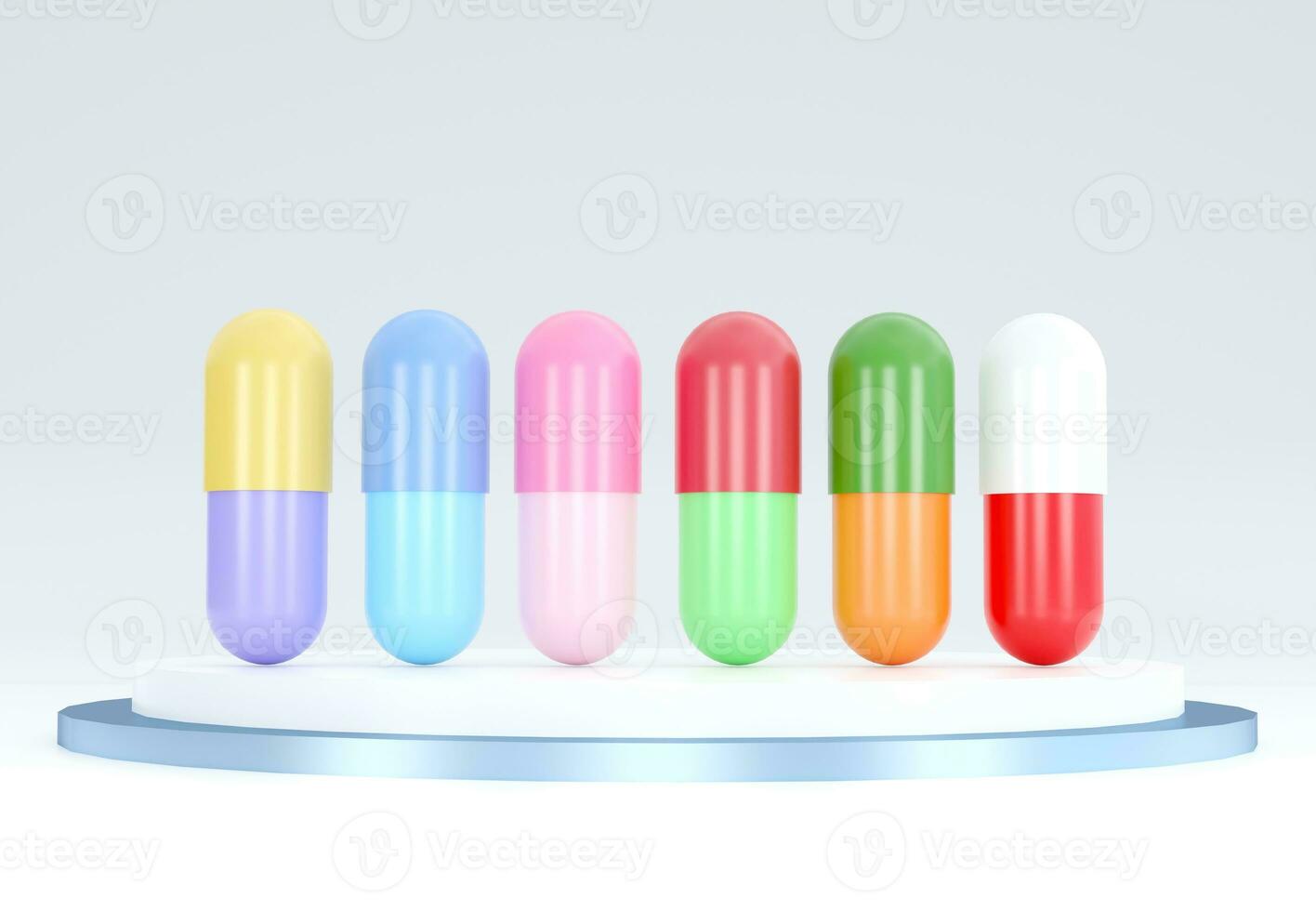 geneeskunde pillen in meerdere kleuren. pil tablet capsule Aan podium. 3d weergave. pastel kleur pillen uitlijnen. foto