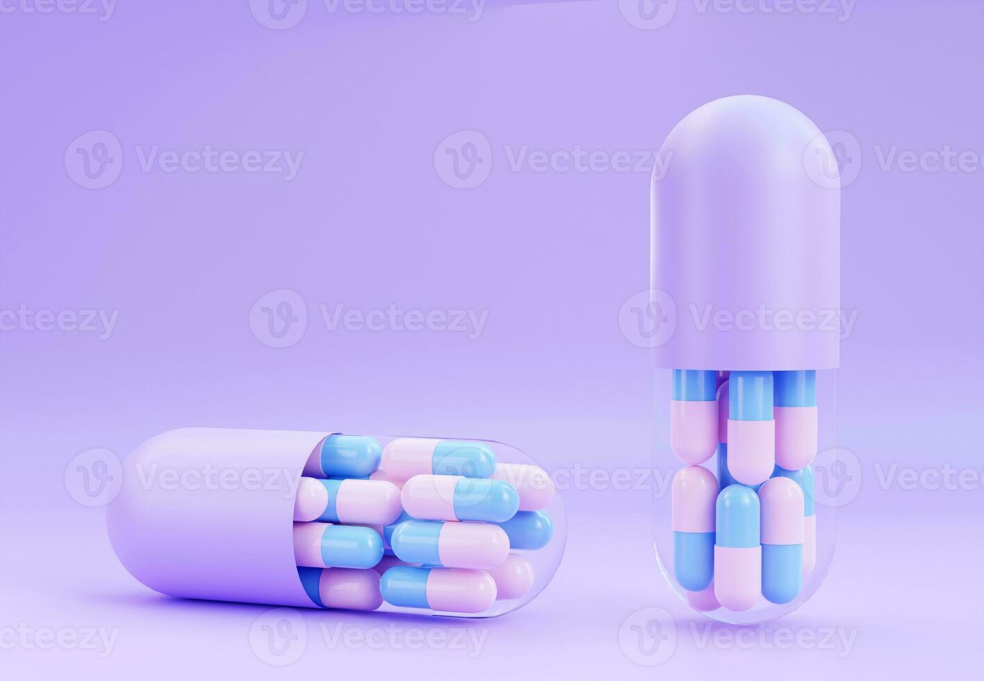 pastel kleur geneeskunde pillen. klein roze en blauw pillen binnen Purper groot tablet capsule. 3d weergave. apotheek en gezondheidszorg concept. verdovende middelen bewustzijn. foto