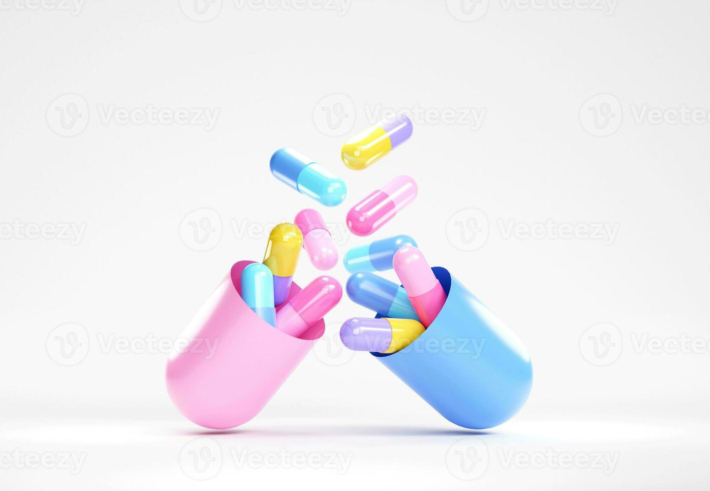 pastel kleur geneeskunde pillen. pillen vliegend omhoog uit van tablet capsule. 3d weergave. apotheek concept. verdovende middelen bewustzijn. foto