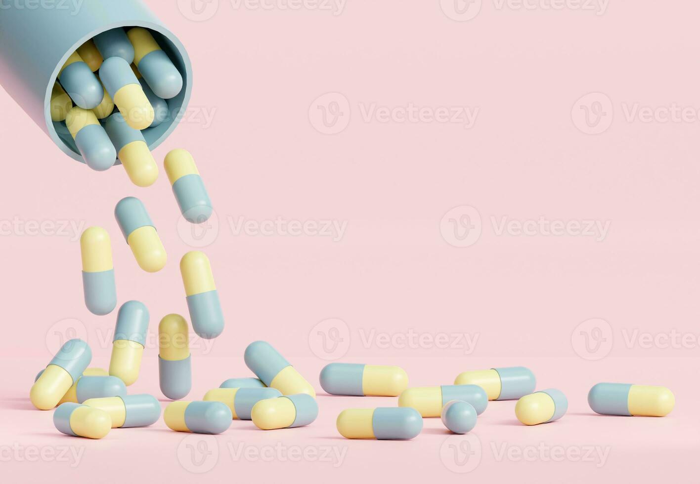 pastel kleur geneeskunde pillen. geel en blauw pillen vliegend naar beneden uit van container. 3d weergave. apotheek concept. verdovende middelen bewustzijn. foto