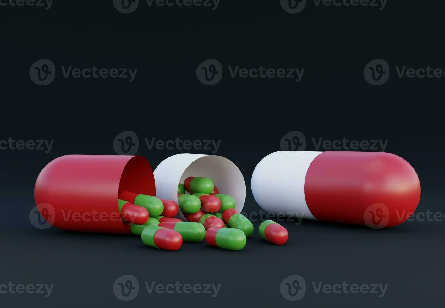 rood en groen geneeskunde pillen. klein pillen morsen uit van groot gedaald tablet capsule. 3d weergave. apotheek en gezondheidszorg concept. verdovende middelen bewustzijn. foto