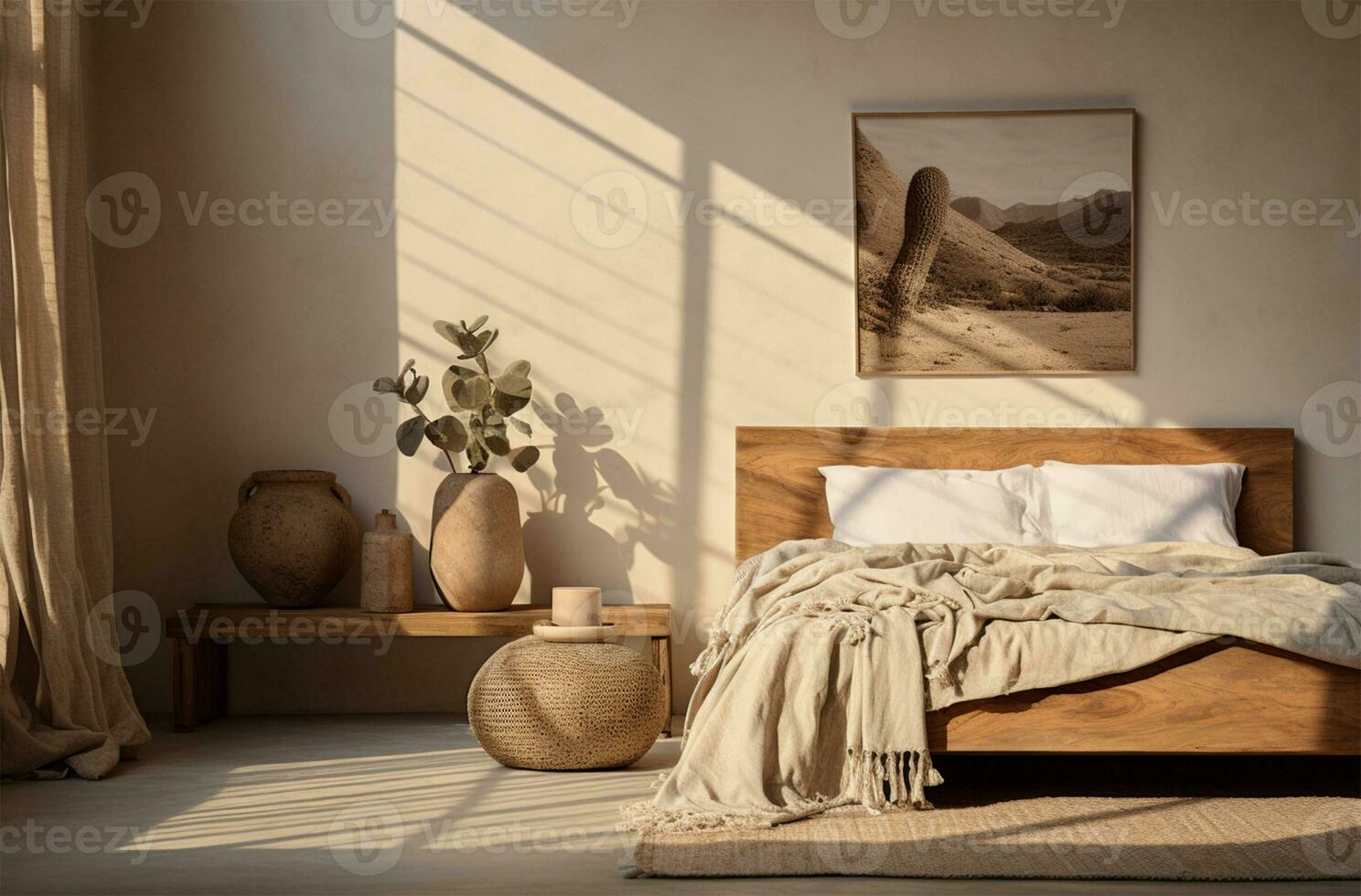 interieur van modern slaapkamer met houten bed, kussens en planten ai gegenereerd foto