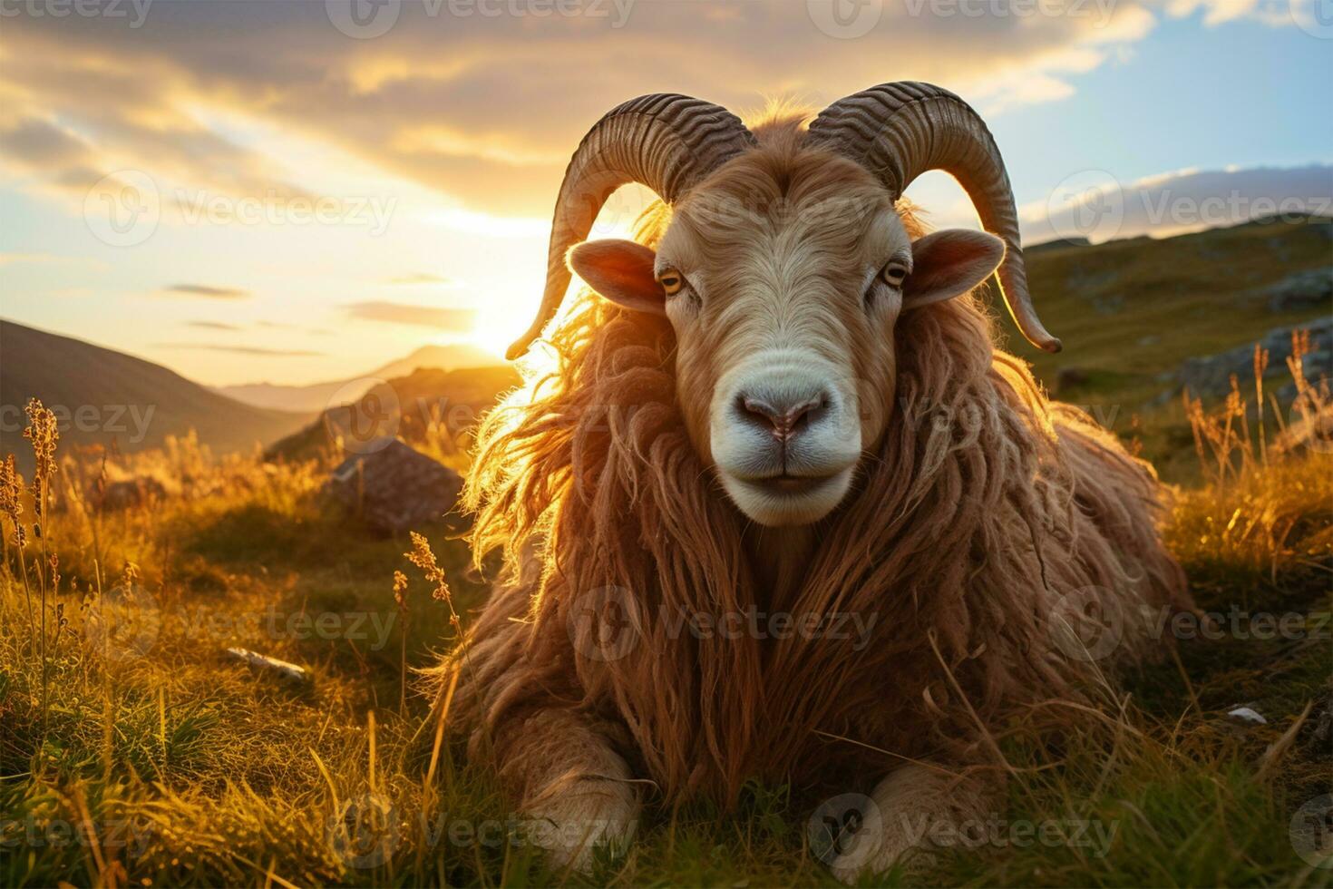 IJslands schapen RAM met prachtig kurketrekker hoorns gelegd in de gras n veld- in warm zonsondergang licht , eid-al-adha concept foto