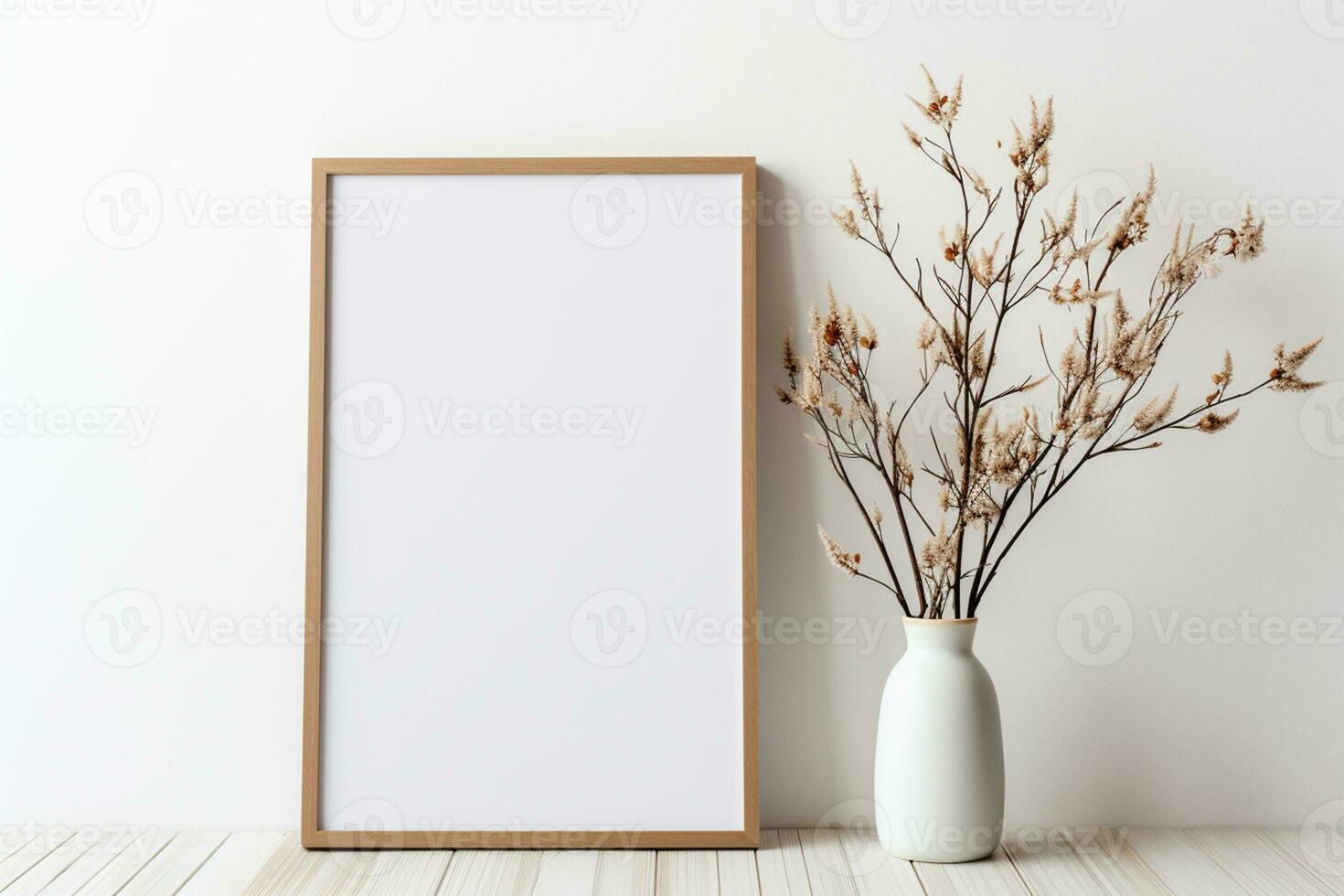 houten kader mockup in warm neutrale minimalistische rustiek interieur foto