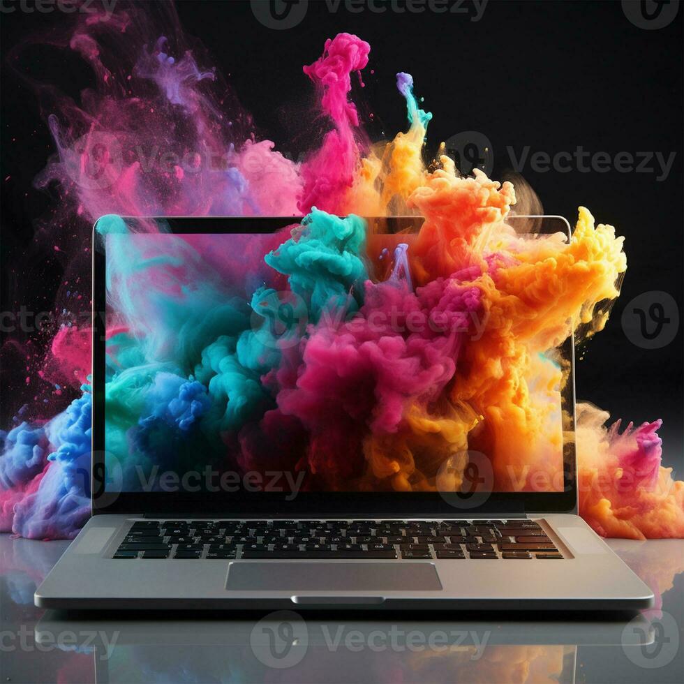 laptop met blanco scherm krachtig explosie van poeder explosie stof, holi ai gegenereerd foto