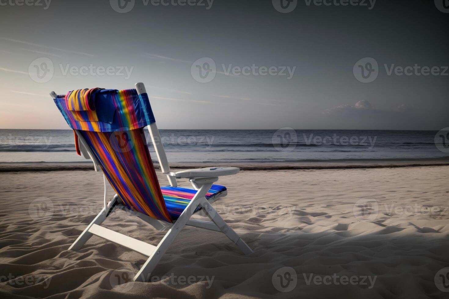 een strand stoel zittend Aan top van een zanderig strand. ai gegenereerd foto