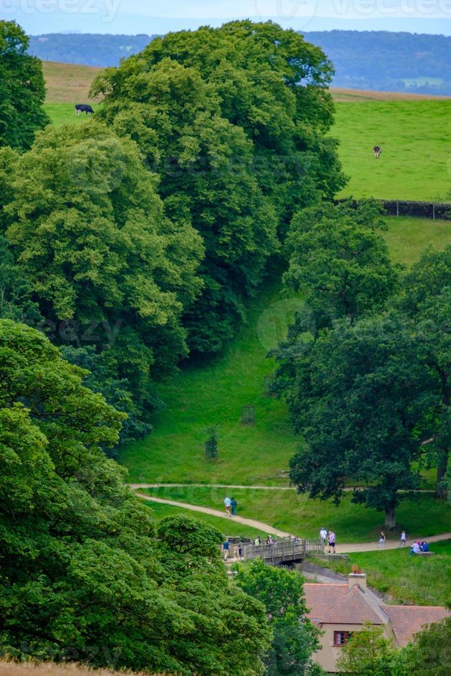 mooie scène van mensen die slenteren en koeien grazen in lyme park, cheshire, uk foto