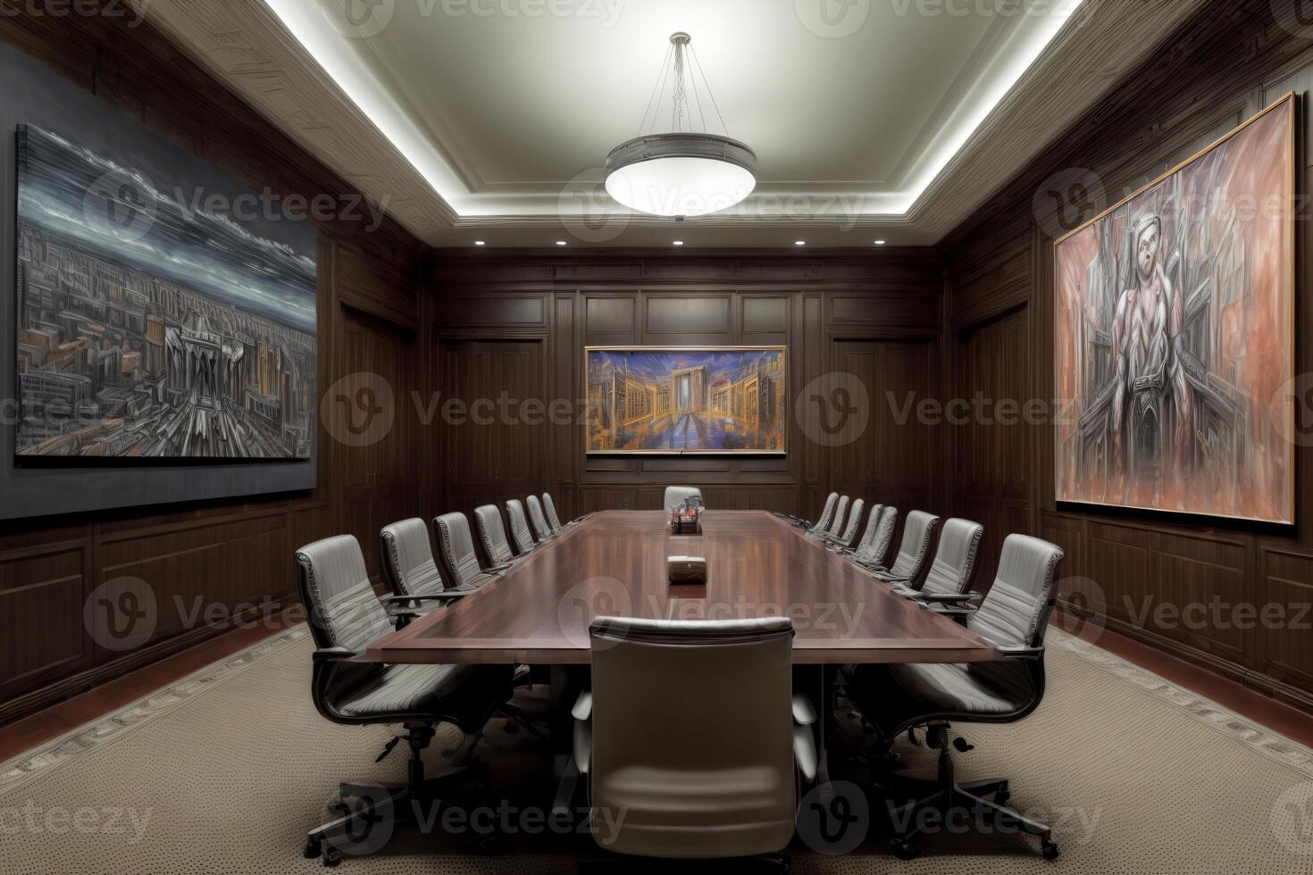 een conferentie kamer met een houten tafel en stoelen. ai gegenereerd foto