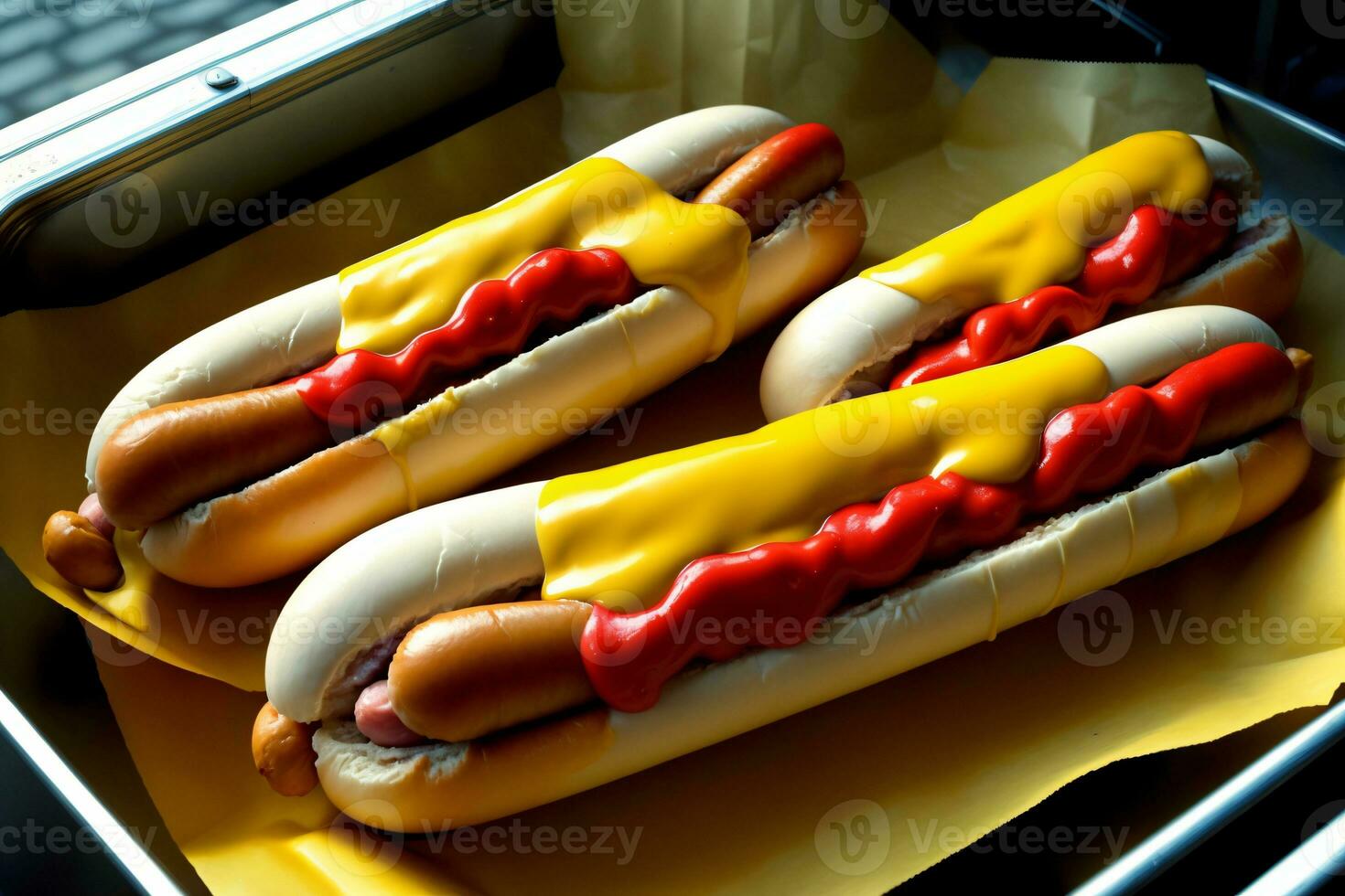 twee heet honden met mosterd en ketchup Aan een dienblad. ai gegenereerd foto