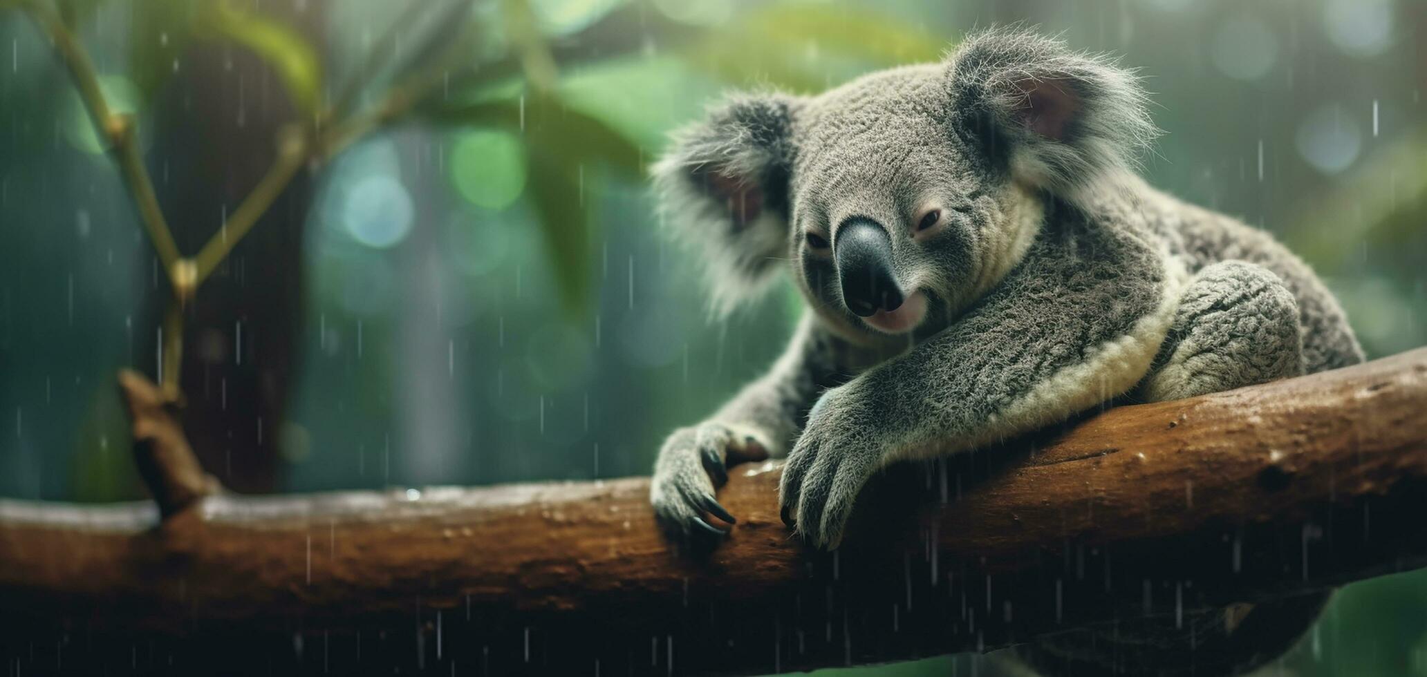 realistisch foto van een koala slapen Aan een boom Afdeling met een regenwoud achtergrond na regen gegenereerd door ai