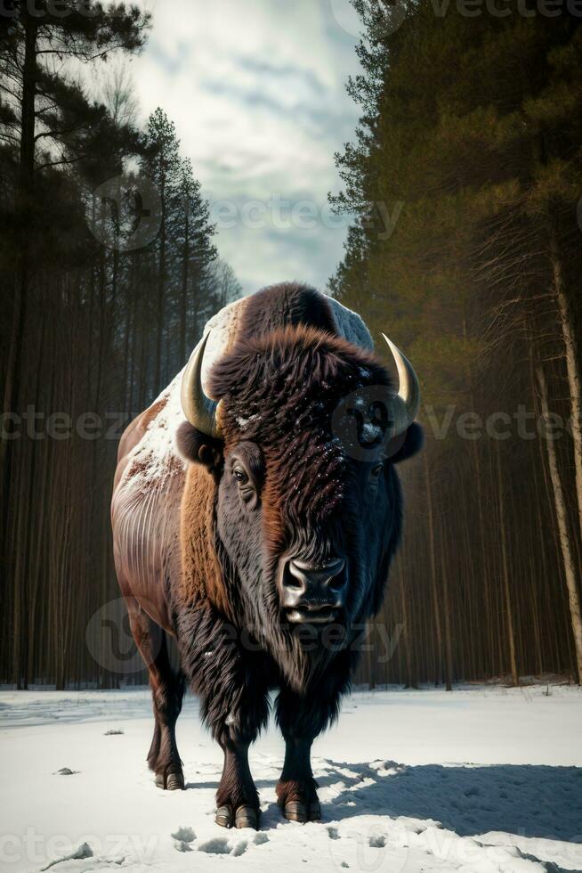 een bizon staand in de sneeuw in voorkant van sommige bomen. ai gegenereerd foto