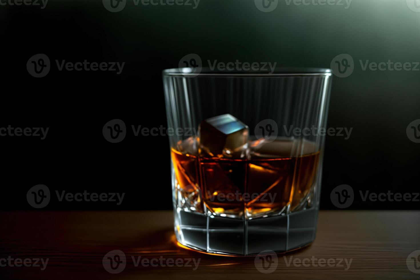 een glas van whisky met ijs kubussen in het. ai gegenereerd foto