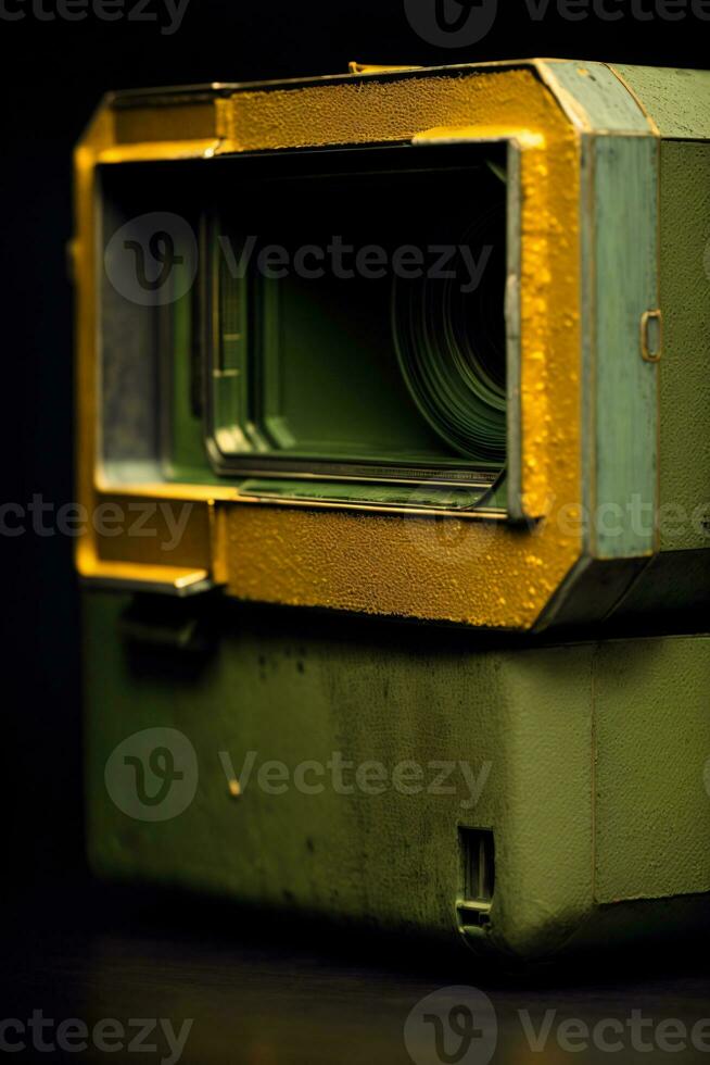 een groen en geel doos zittend Aan top van een tafel. ai gegenereerd foto