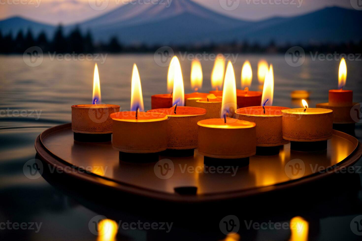 een rij van lit kaarsen zittend Aan top van een tafel. ai gegenereerd foto