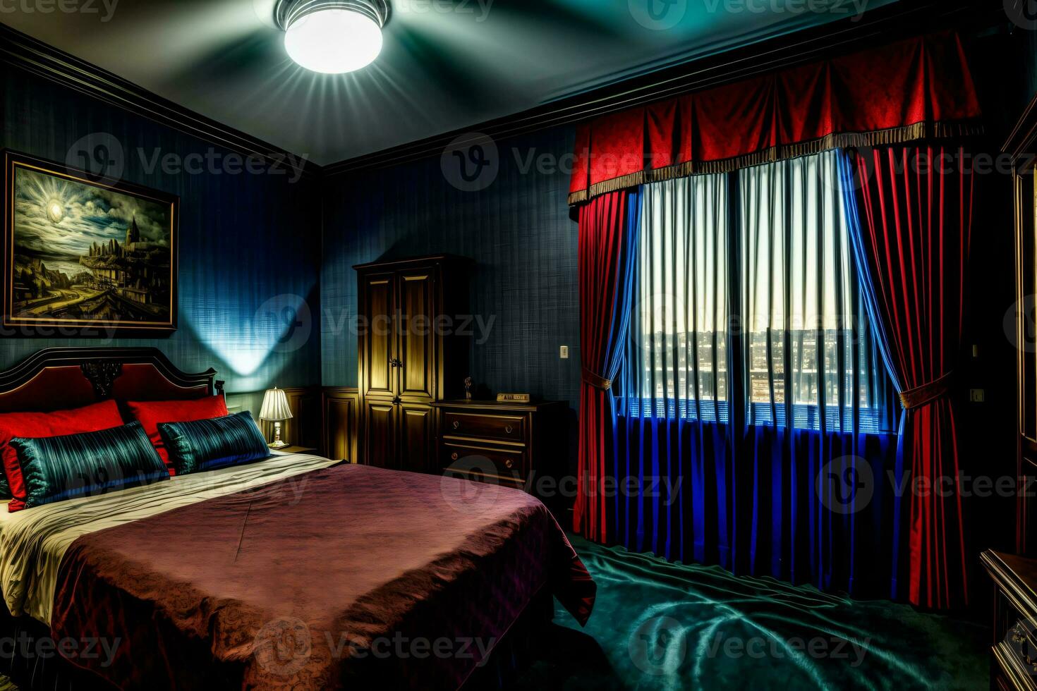 een bed kamer met een netjes gemaakt bed en een schilderij Aan de muur. ai gegenereerd foto