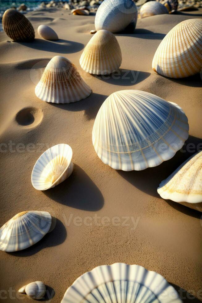 een bundel van schelpen dat zijn houdende in de zand. ai gegenereerd foto