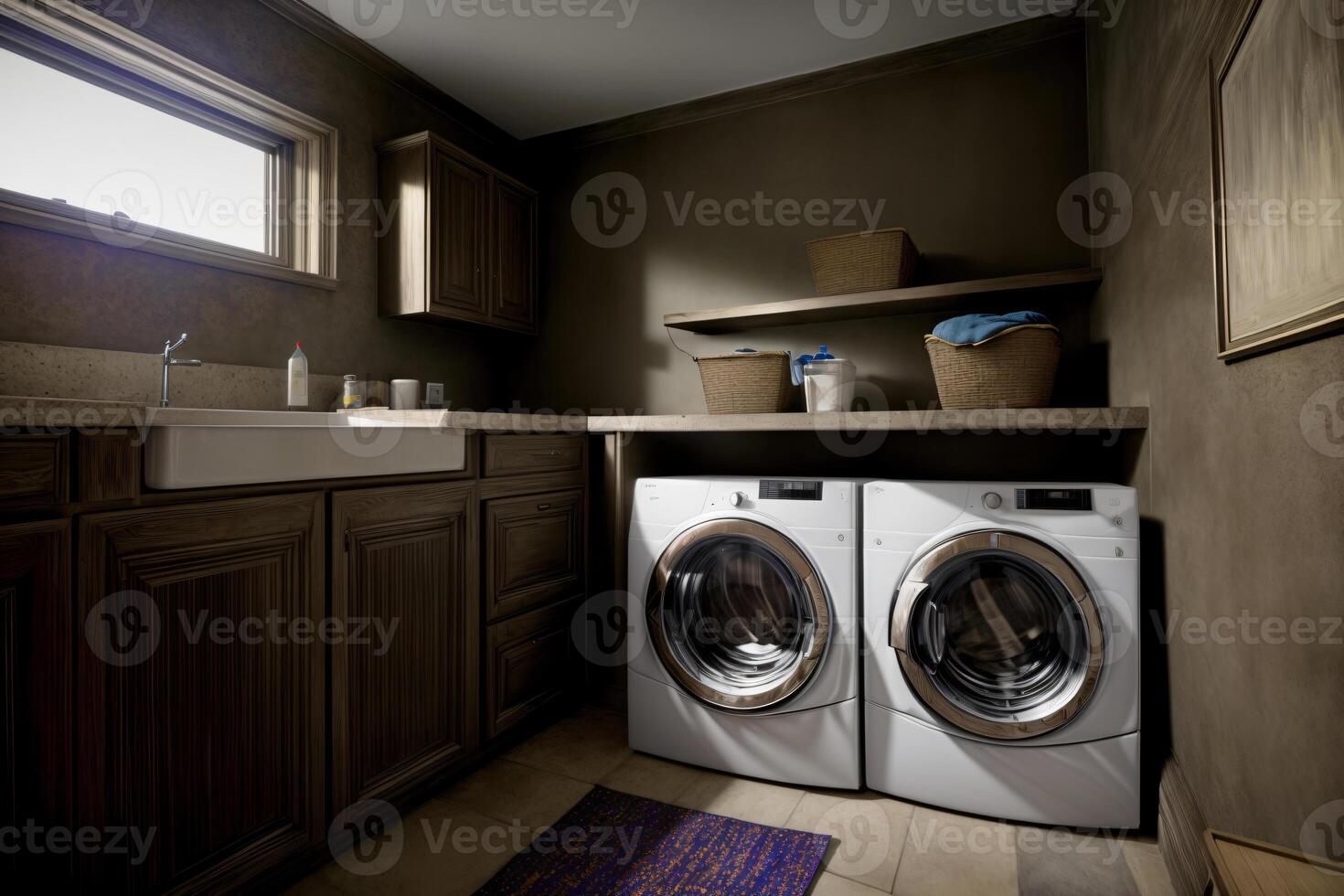 een wasmachine en droger in een klein kamer. ai gegenereerd foto