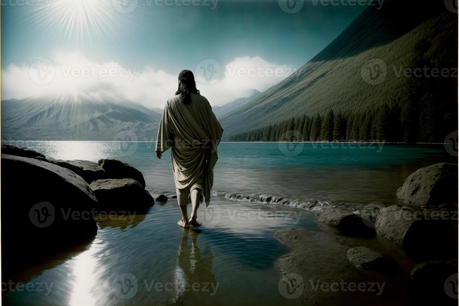 een Mens wandelen aan de overkant een lichaam van water. ai gegenereerd foto