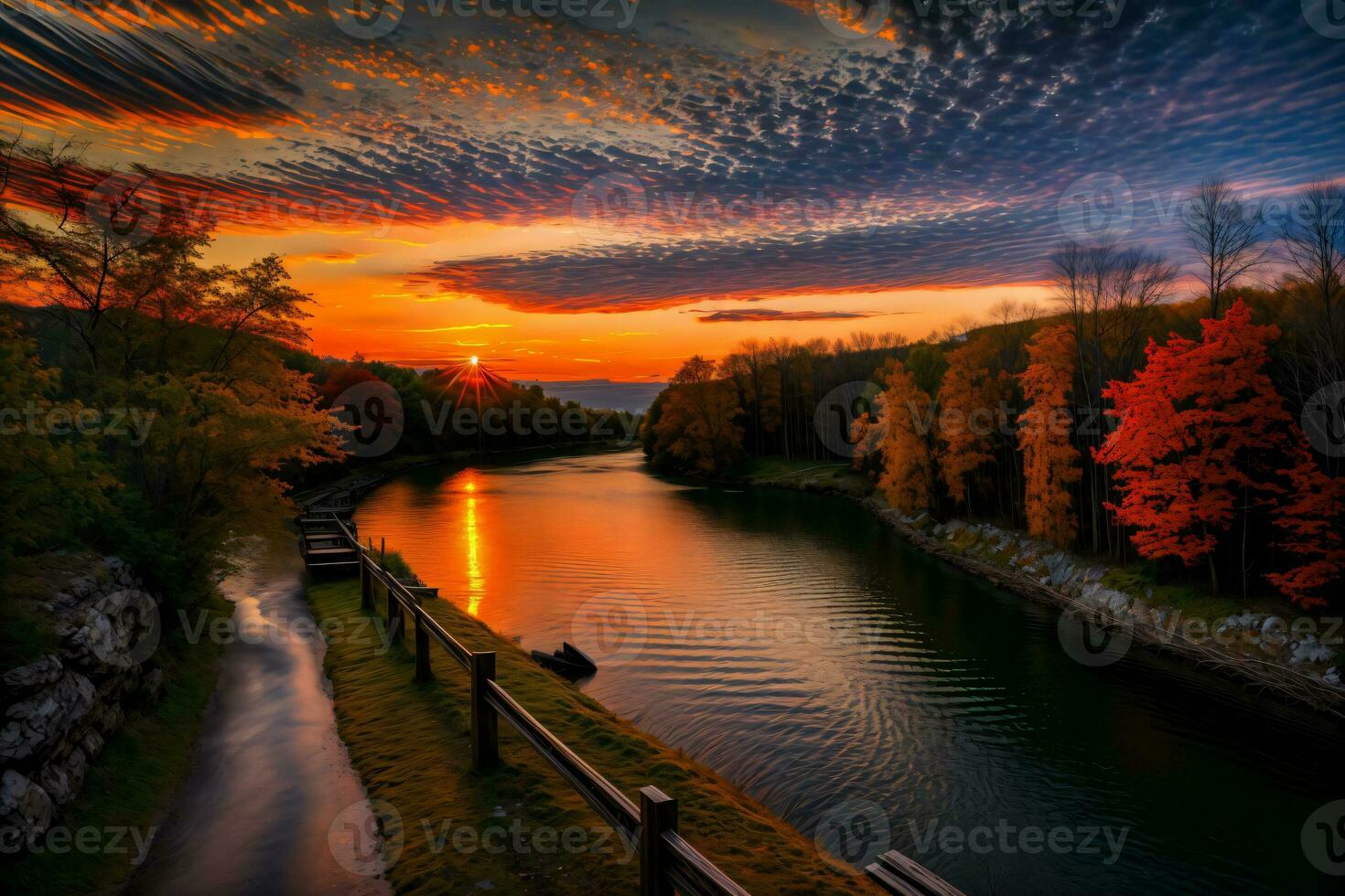 een lichaam van water omringd door bomen met een zonsondergang in de achtergrond. ai gegenereerd foto