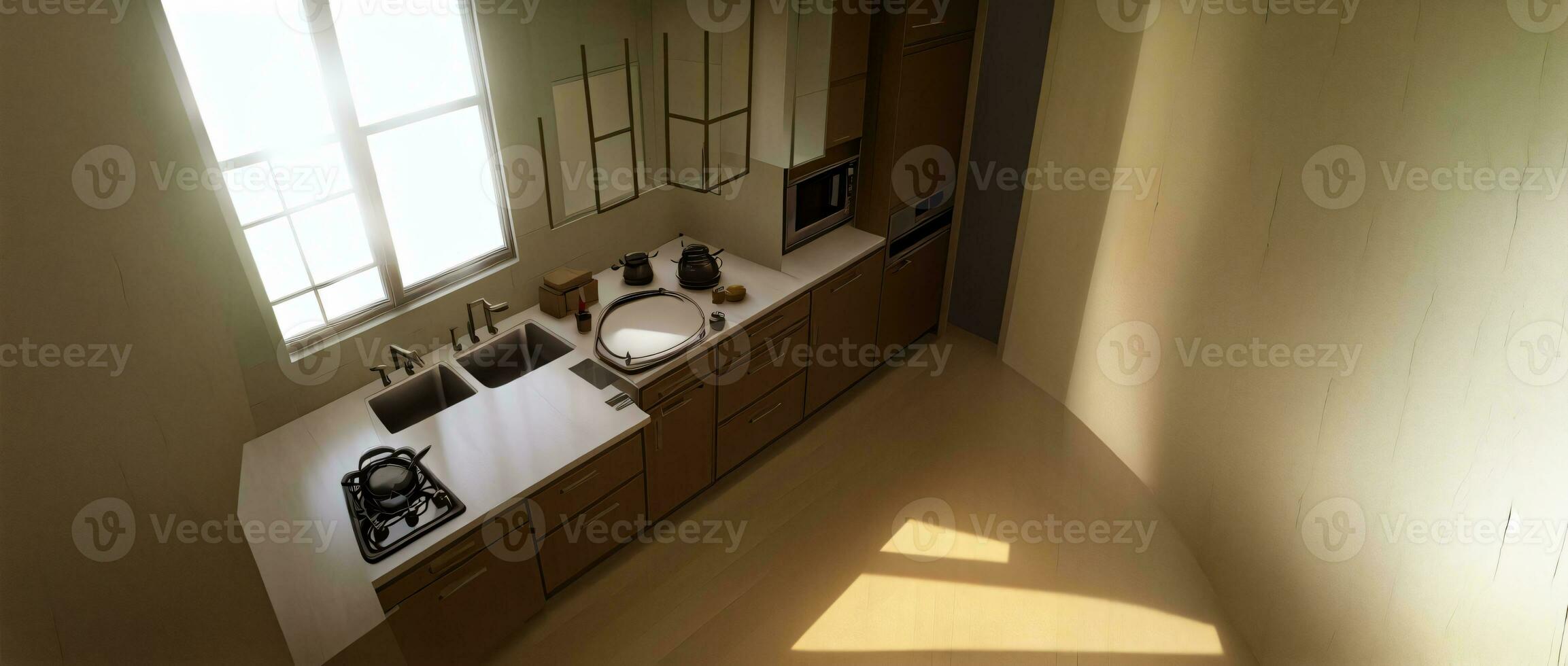 een badkamer met twee zinkt en een venster. ai gegenereerd foto