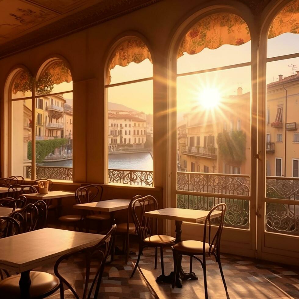 een panoramisch landschap van een laat middag in een authentiek Italië koffie winkel ai generatief foto
