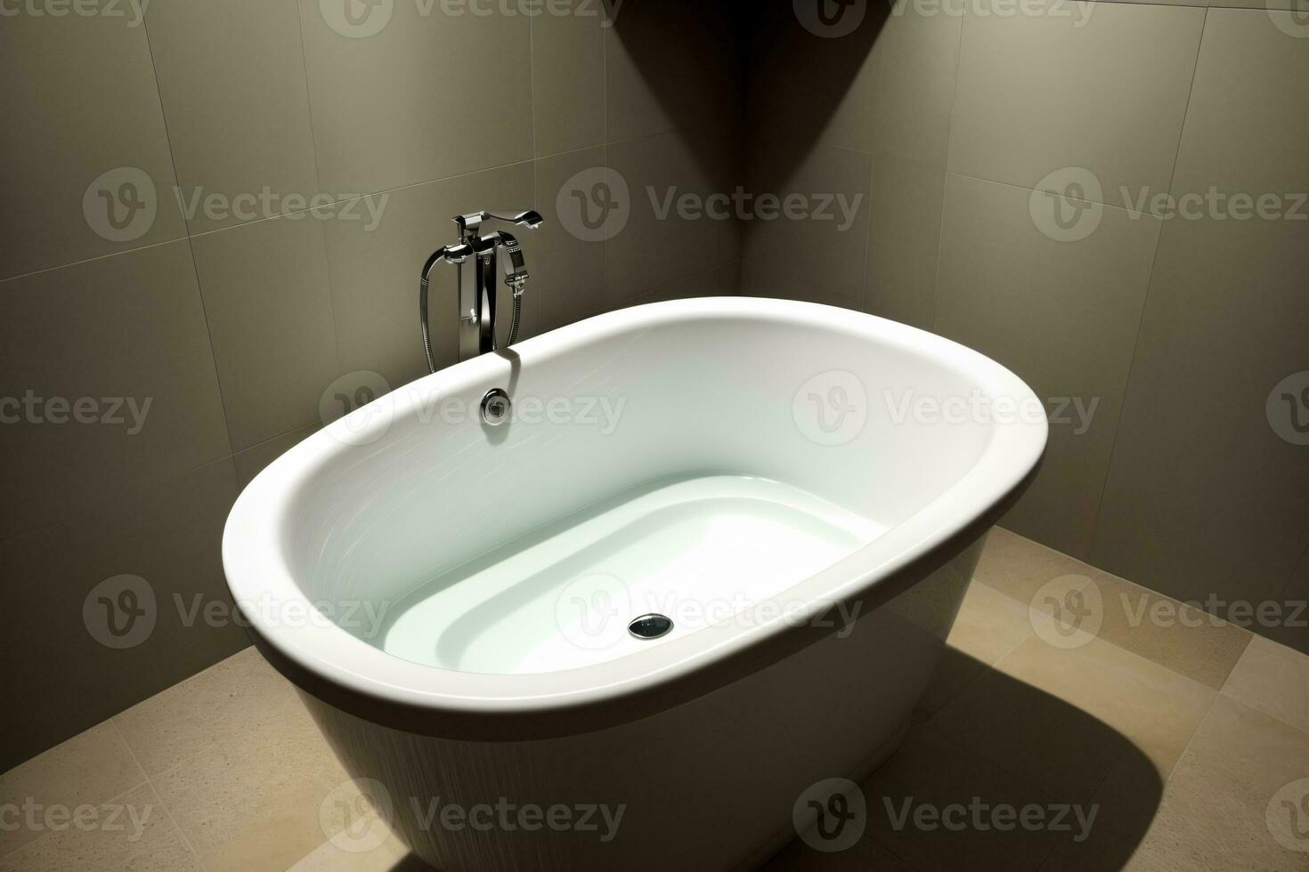 een wit bad kuip zittend Aan top van een betegeld vloer. ai gegenereerd foto